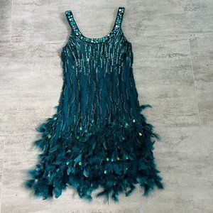 JOVANI SZ 6 COUTURE FEATHER COCKTAIL EMERALD 100% SILK DRESS